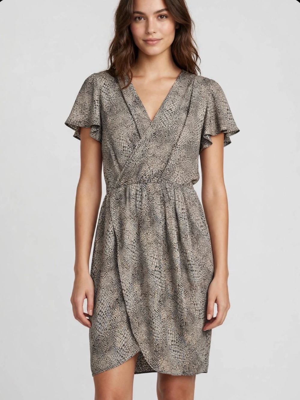 Amanda Uprichard 100% Silk Snake Wrap Dress P Petite Grey Python Flutter Sleeve